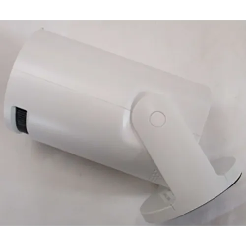 White-coloured projector supplied with AC adapter and black remote control.
