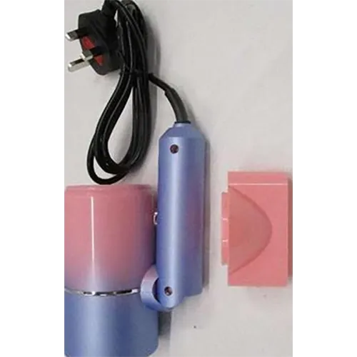 Light pink and blue foldable hairdryer with cable and plug.
