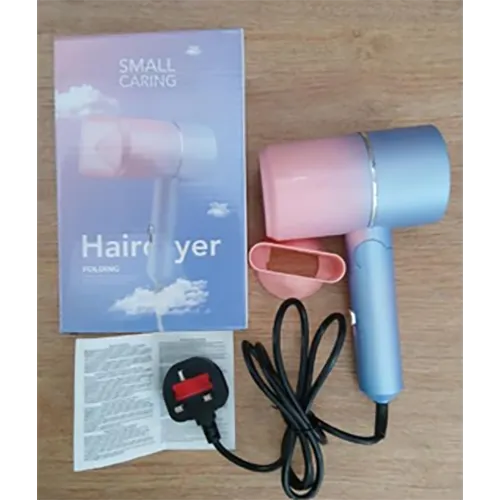 Light pink and blue foldable hairdryer with cable and plug.