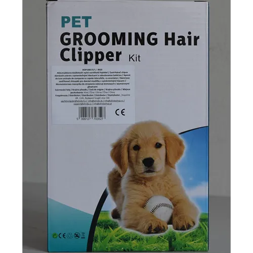 Cordless rechargeable pet hair clipper trimmer supplied with 4 exchangeable attachment heads and accessories.