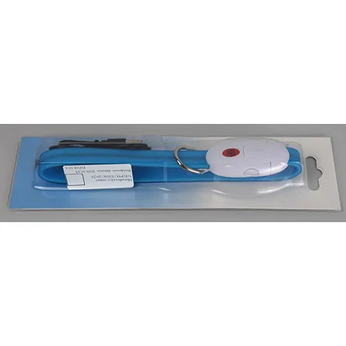 Blue LED dog collar made of soft PVC, supplied with a black USB cable and a screwdriver.