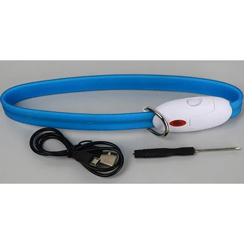 Blue LED dog collar made of soft PVC, supplied with a black USB cable and a screwdriver.