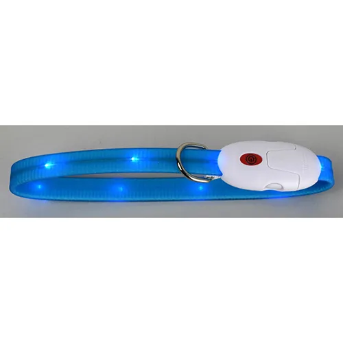Blue LED dog collar made of soft PVC, supplied with a black USB cable and a screwdriver.