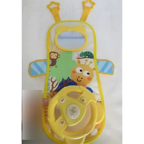 Sensory toy in the shape of a car steering wheel, to be attached to the front seat. The steering wheel makes noises and lights up.