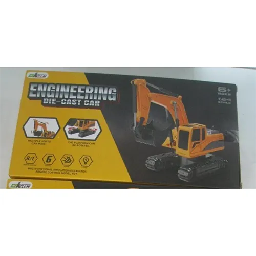 Remote-controlled yellow and black digger with a radio controller.