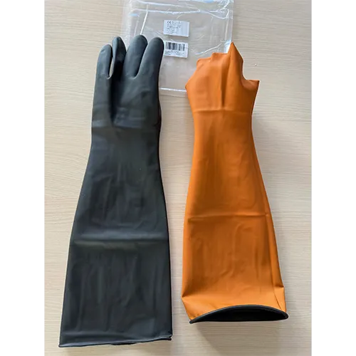 Black and orange arm-length gloves, advertised as acid-resistant or chemical-resistant.