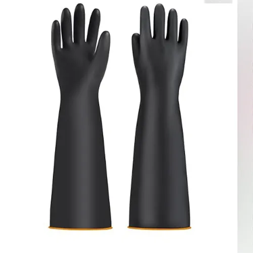 Black and orange arm-length gloves, advertised as acid-resistant or chemical-resistant.