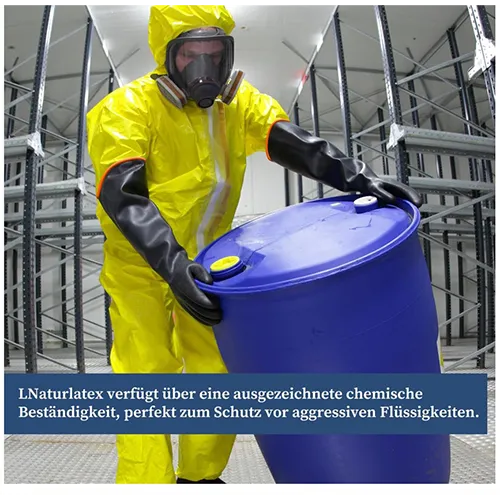 Black and orange arm-length gloves, advertised as acid-resistant or chemical-resistant.