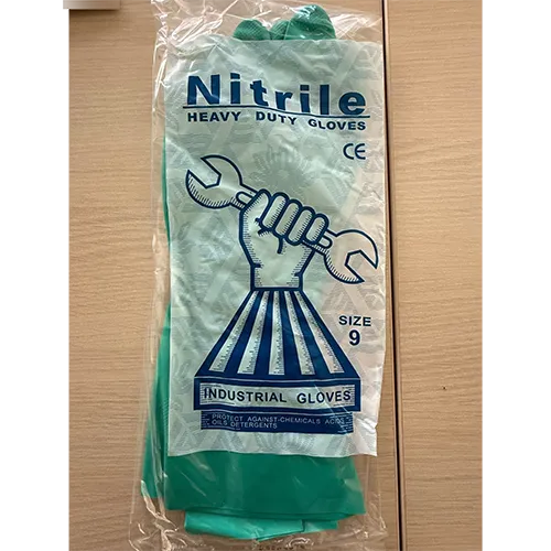 Green nitrile protective gloves, advertised as chemical-resistant.
