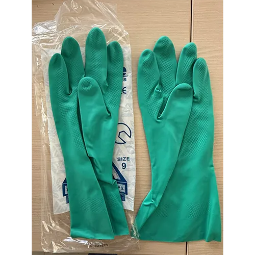 Green nitrile protective gloves, advertised as chemical-resistant.