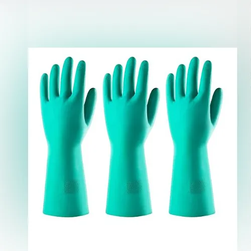 Green nitrile protective gloves, advertised as chemical-resistant.