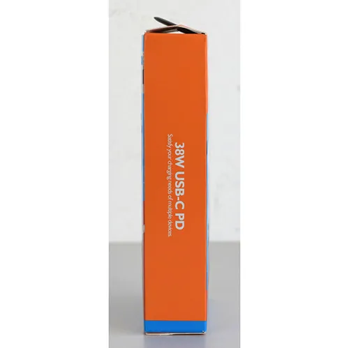 White USB charger with one USB-A and one USB-C port, supplied with a separate USB connection cable. Input: 100-240V, 50-60Hz, 0.35A. Output: 5V/3A, 9V/2A, 12V/1.5A.