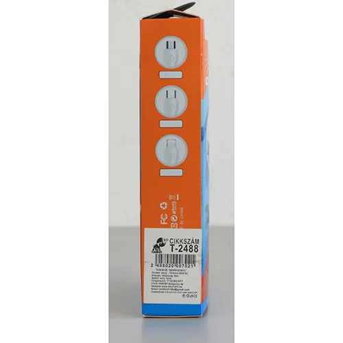 White USB charger with one USB-A and one USB-C port, supplied with a separate USB connection cable. Input: 100-240V, 50-60Hz, 0.35A. Output: 5V/3A, 9V/2A, 12V/1.5A.
