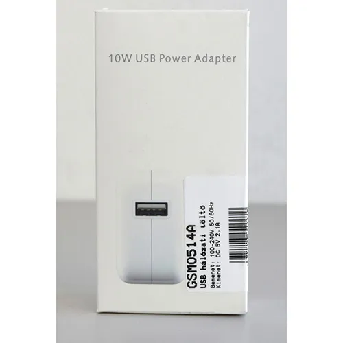 White battery charger with a USB-A port and Micro-USB cable. Input: 100-240V, 50-60Hz. Output: 5.1V, 2.1A.