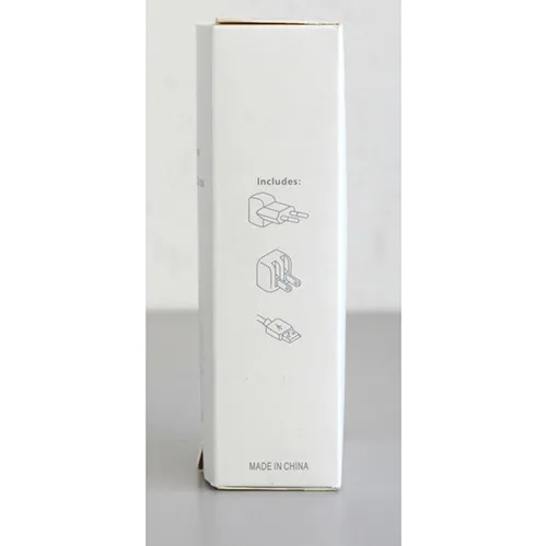 White battery charger with a USB-A port and Micro-USB cable. Input: 100-240V, 50-60Hz. Output: 5.1V, 2.1A.