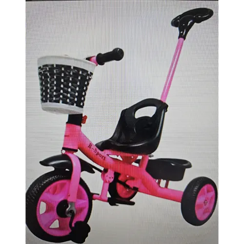 Children's tricycle, pink, with pedals on the front wheel, a basket attached to the handlebars, a basket attached to the rear and a push handle.
