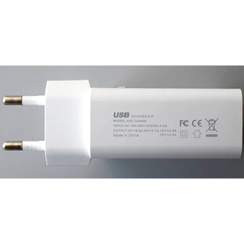 White mains wall charger integrated with a European plug, featuring 5 output ports, labelled on the interface as USB-A1, USB-A2, USB-C1, QC3.0, and PD25W.