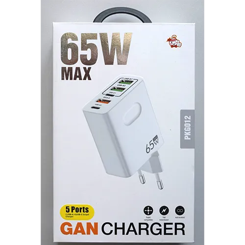 White mains wall charger integrated with a European plug, featuring 5 output ports, labelled on the interface as USB-A1, USB-A2, USB-C1, QC3.0, and PD25W.