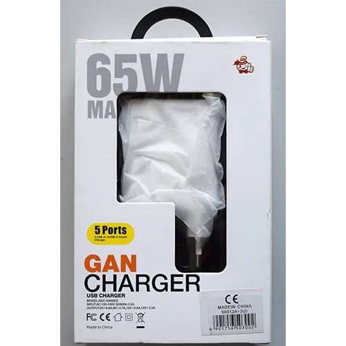 White mains wall charger integrated with a European plug, featuring 5 output ports, labelled on the interface as USB-A1, USB-A2, USB-C1, QC3.0, and PD25W.