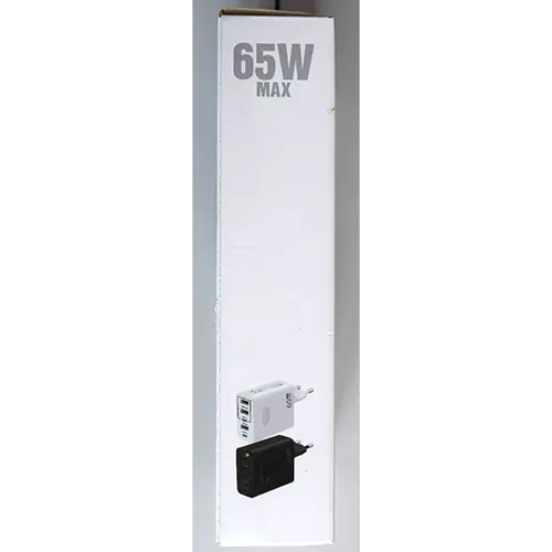 White mains wall charger integrated with a European plug, featuring 5 output ports, labelled on the interface as USB-A1, USB-A2, USB-C1, QC3.0, and PD25W.