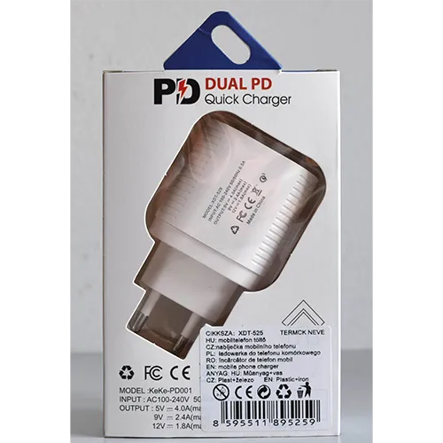 White mains wall charger integrated with a European plug, featuring two USB Type-C output ports.
