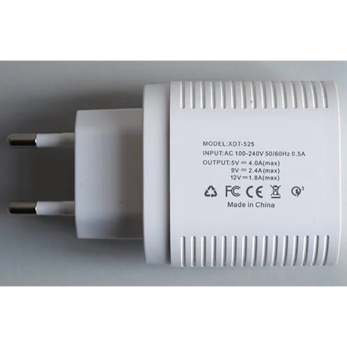White mains wall charger integrated with a European plug, featuring two USB Type-C output ports.