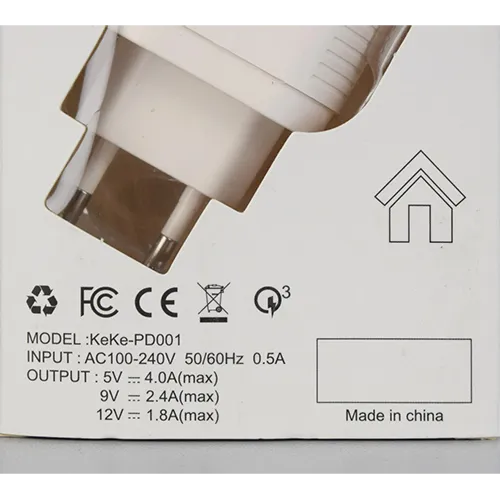 White mains wall charger integrated with a European plug, featuring two USB Type-C output ports.