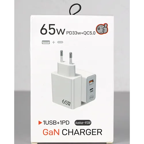 White USB charger with one USB-A and one USB-C port, integrated with a mains plug. Input: 100-240 V, 50/60 Hz, 0.5 A. Output: 9 V/7.2 A, 12 V/5.4 A, 20 V/3.25 A.