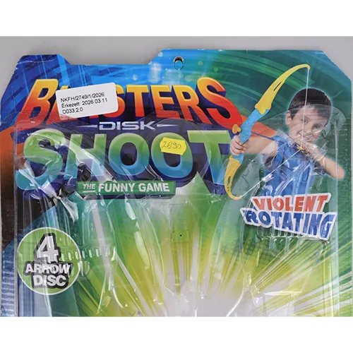 Plastic toy archery set containing two bows (yellow/green), six arrows with red suction cups, two quivers, three plastic duck figures, and three bowling pins.