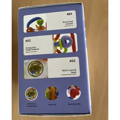 Teething and rattle toy, consisting of a ball containing smaller balls and various soft chewable plastic attachments.