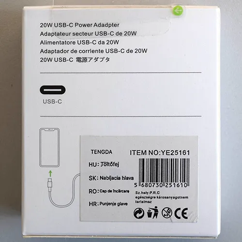 White battery charger with one USB-C output port, integrated with a mains plug.