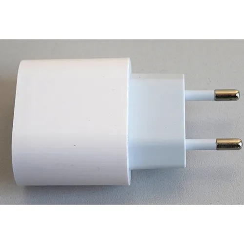 White battery charger with one USB-C output port, integrated with a mains plug.