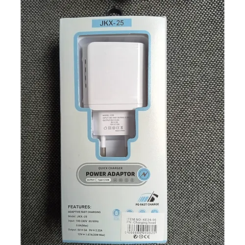White USB charger featuring one USB-A and one USB Type-C output port, supplied as a set with a separate white USB-A to USB-C charging cable.