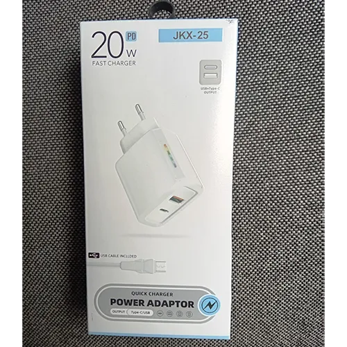 White USB charger featuring one USB-A and one USB Type-C output port, supplied as a set with a separate white USB-A to USB-C charging cable.