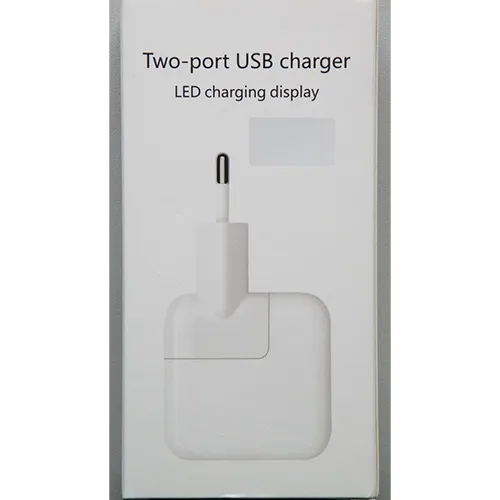 USB charger with plastic housing, featuring two USB-A ports and a detachable mains plug.