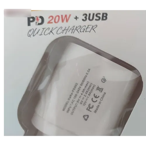 White mains wall USB charger integrated with a European plug, featuring three USB Type-A output ports and one USB Type-C output port.