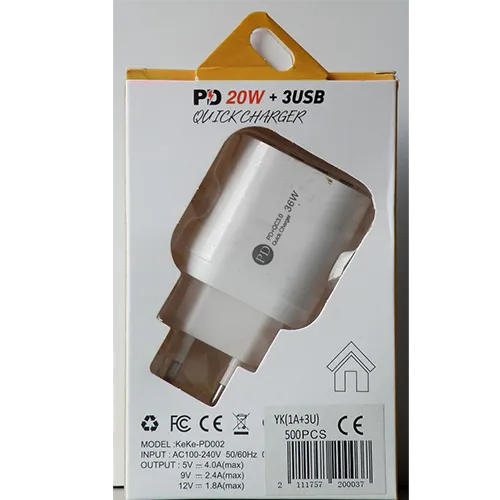 White mains wall USB charger integrated with a European plug, featuring three USB Type-A output ports and one USB Type-C output port.