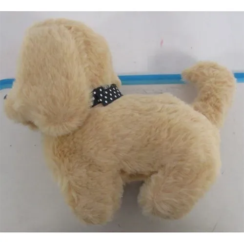 Beige soft toy in the shape of a dog with moving parts and sound functions. Electric, battery-operated. The dog can walk, move its head and bark.