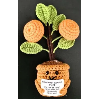 Soft toy in the shape of a flower-pot figure with plastic eyes, holding a plastic card.