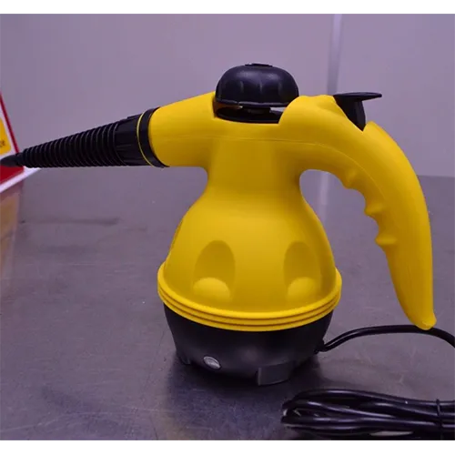 Steam cleaner with attached power cord and wall plug. The product also comes with additional nozzles as accessories.