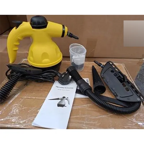 Steam cleaner with attached power cord and wall plug. The product also comes with additional nozzles as accessories.