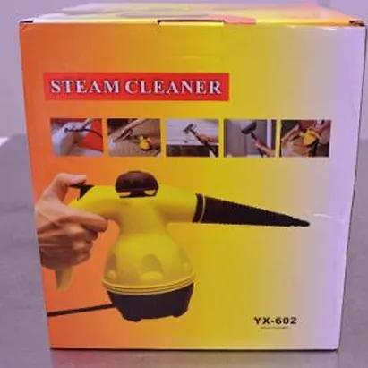 Steam cleaner with attached power cord and wall plug. The product also comes with additional nozzles as accessories.