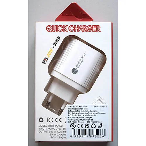 White plastic USB charger integrated with a European plug, featuring three USB Type-A ports and one USB Type-C port on the front interface.