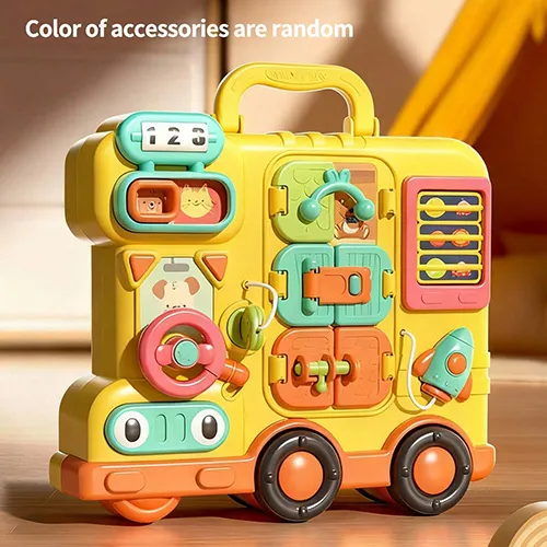 Plastic toy consisting of a vehicle with interactive elements in various colours.