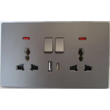 2-gang wall socket in matt grey, supplied in a box of 100 units.