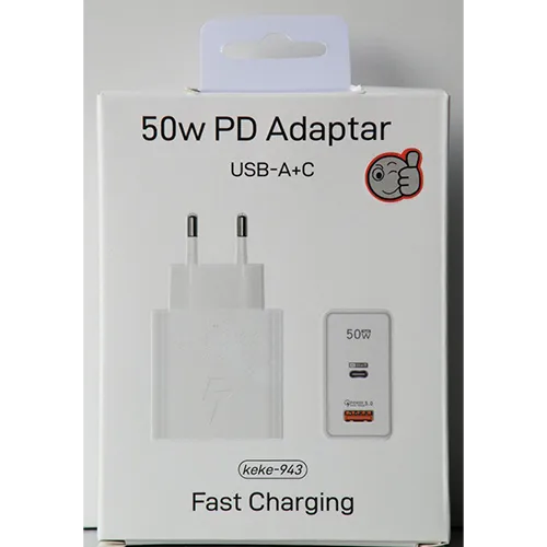 White plastic USB charger with one USB Type-A port and one USB Type-C port.