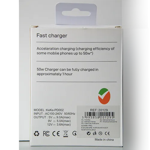 White plastic USB charger with one USB Type-A port and one USB Type-C port.