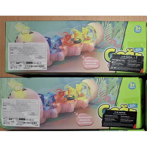 Plastic toy in the shape of a transparent and blue caterpillar, with light and sound effects. The toy moves on four wheels underneath it.