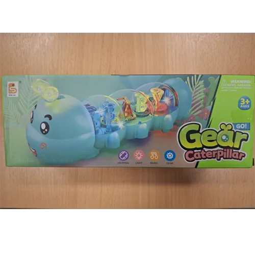 Plastic toy in the shape of a transparent and blue caterpillar, with light and sound effects. The toy moves on four wheels underneath it.