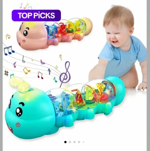 Plastic toy in the shape of a transparent and blue caterpillar, with light and sound effects. The toy moves on four wheels underneath it.